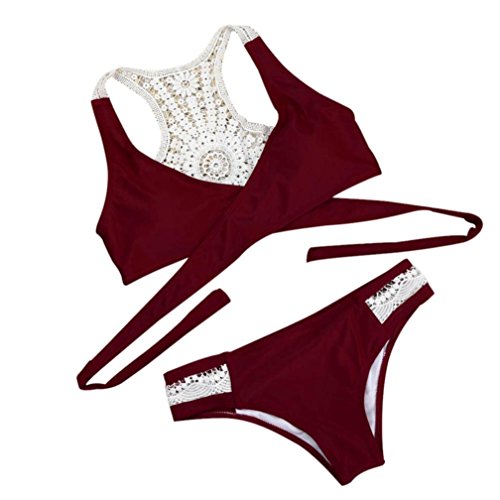 Preisvergleich Produktbild Ba Zha Hei Frauen Strumpfhosenbauch-Effekt-Badeanzugstr... der Mädchenbikini neue Art und Weise Hosenträger niedrige Push-up gepolsterter BH Badeanzug Bademode Beachwear Bikini Set (Red, L)