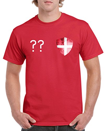 Comedy Shirts – Dänemark Trikot – Wappen: Klein – Wunsch – Herren T-Shirt – Rot / Weiss Gr. XL