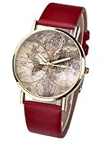JSDDE Uhren,Vintage Weltkarte Armbanduhr Damen Herren Uhr Kunstleder Analog Quarz Armbanduhr,Rot