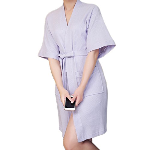 Bluelover BX-988 Towel Bathrobe Dressing Gown Unisex Men Women Solid Cotton Couple Waffle Sleep Lounge - Purple - M