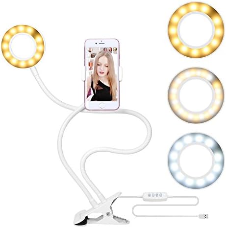 Guduo Table Desk Lamp with Usb Selfie Led Ring Light in Different Colors Flexible Metal Stand for Iphone 4s/5/5s/6/6s/7/7s/8 Mobile Phone Picture Video Clip Holder (White)…
