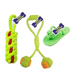 Tikora Internatonal Dog Rope Toy | Chew Toy for Puppy | Natural and 100% Cotton | Teething Cleaning (Combo of 3) (Color May Vary)| Chewing Playing Toy