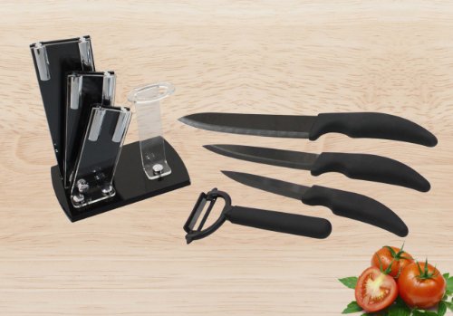 4er Keramikmesser (schwarze Klingen) Set (inkl. Sparschäler) mit Acryl Messerblock - 2