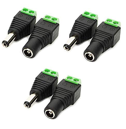 A1 Gadgets DC Power Jack Plug Adapter Connector, 12V/24V Male + Female 2.1mm x 5.5mm Barrel Connectors for CCTV Camera,Led Strip Light, DVR (3 Pairs)