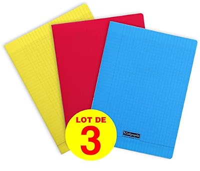 Clairefontaine Calligraphe 183390AMZC- Un lot de 3 cahiers piqués 192 pages 24x32 cm grands carreaux, Couverture polypro couleurs assorties (bleu, rouge et jaune)