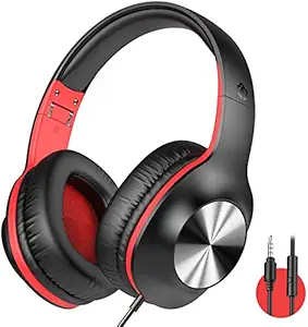 Wired Headphones with Mic, iClever Over Ear Headphones - Foldable Lightweight Stereo Headset, Adjustable Wired Headphones with 3.5mm Jack for Online Class/Meeting/iPad/Phone/Computer, Black&Red