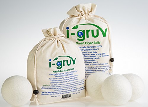 Trocknerbälle für Wäschetrockner aus Wolle von i-Gruv, 6er Set, für schonende Daunenpflege, senkt Stromverbrauch und ist gleichzeitig ökologischer Weichspüler, auch ideale Geschenkidee zu Babykleidung oder Windeln aus Stoff, sparen Sie jetzt!
