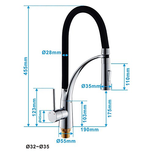 Hiendure® aus massivem Messing herausziehen Spray Küchenarmaturen Waschtischarmaturen Küchenspüle Wasserhahn Gummischlauch verchromt, Schwarze Farbe - 2