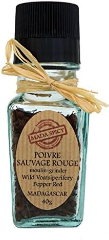 Madagascan wild red peppercorns "voatsiperifery" 40g. Refillable grinder. Recycled craft glass.