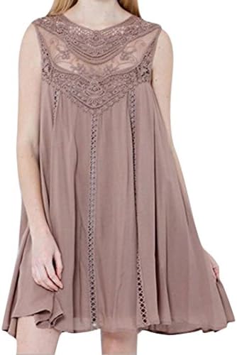 MEIbax Clothing Women Casual Solid Lace Stitching O-Neck Sleeveless Chiffon Mini Dress (XL, Pink)