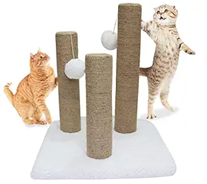 Mellifluous Cat Natural Sisal Rope Scratching Posts - 3 Climbing Tower, Activity, Hanging Balls, Playing Cat Tree (White)
