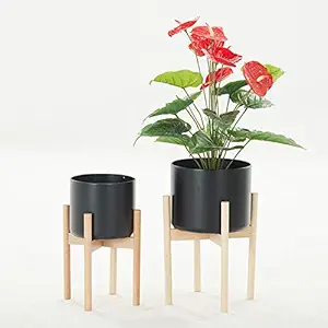 Weston Crafts Wooden Planter Stand with Pot Set of 2 Mid Century Indoor Plant Stand -Modern Planter Bamboo Plant Stands Indoor Outdoor for Plant Pots Black Planter