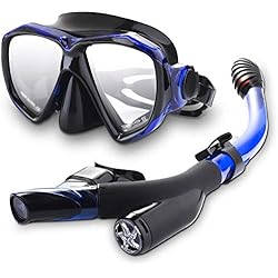 Speedsporting Masque et Tuba de Plongée Étanche Imperméable Réglable avec Lunettes Antibuée - Anti-Vapeur et Anti-Fuite - en Verre Trempé pour Sports Aquatiques, Natation, Snorkeling (Noir + Bleu)