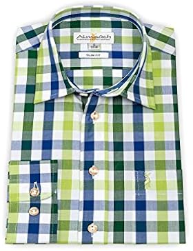 Almsach Trachten Herren Trachtenhemd langarm grün-blau slimfit 112400