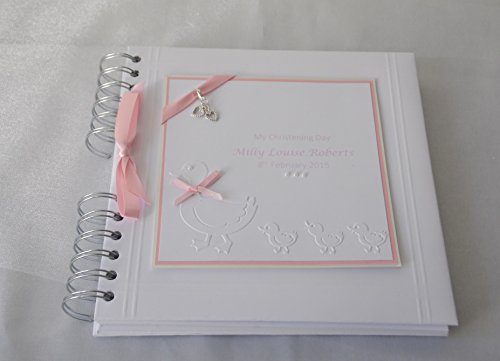 Baby Girl Christening or Naming Day Personalised Guest Book Album or Scrapbook Square 8 x 8 Pink and White