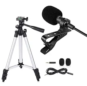 Rambot 3.5mm Collar Clip Mini Lavalier Microphone with 3110 Adjustable Portable Foldable Tripod Stand with Mobile Clip Holder