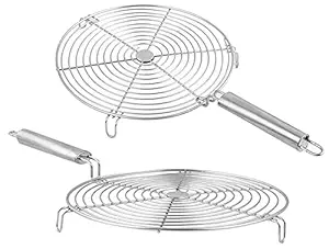 Kuber Industries Small Stainless Steel Round Papad Jali/Roti Roast Grill/Papad Roast Grill with Steel Handle-Pack of 2 (Silver)