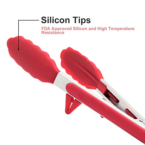 Zilong Küchenzangen/Silikon Grillzangen 9 Zoll + 12 Zoll Antirutsch und Edelstahl Zangen/Silikon Zangen/Küchenhelfer/Küchenzubehör perfekt für Kochen,Grill,Salat,Buffet,usw. Rot,2 Stk. - 7