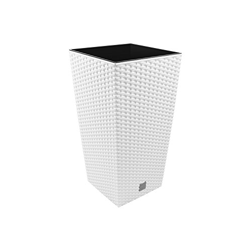 Carre Rato Square pot de fleur 16 L en plastique, rotin osier style, en blanc