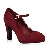  Damen Schuhe Pumps Mary Janes Veloursleder-Optik High Heels Blockabsatz 153006 Dunkelrot 38 Flandell
