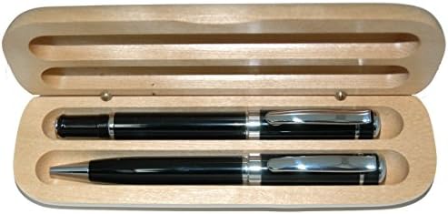 Banker Black Metal Ball and Roller Ball Pen Set in Maple Wood Box