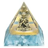 Nupuyai Buddha Statue Aquamarine Crystal Pyramid Ornament, Spiritual Chakra Energy Protection Healing Stone Quartz Point Fengshui Pyramid Home Office Decor