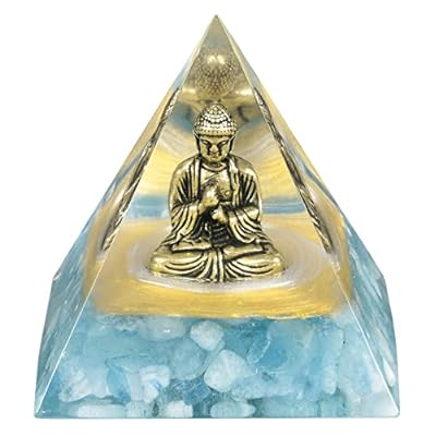 Nupuyai Buddha Statue Aquamarine Crystal Pyramid Ornament, Spiritual Chakra Energy Protection Healing Stone Quartz Point Fengshui Pyramid Home Office Decor