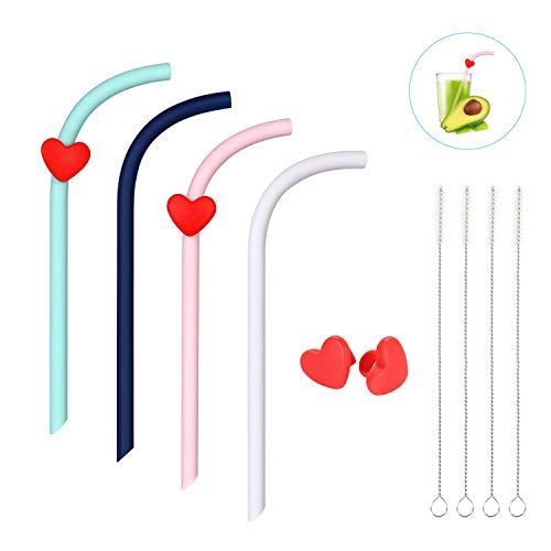 VLCOO Pajitas Reutilizables, Silicona Pajas, Pajitas Plegables con 4 Portátil Caja de Almacenamiento, 4 Cepillo de Limpieza y 4 Decoracion de Silicona Amor-Corazon, 4 Piezas 4 Colores