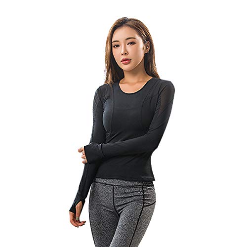 MEESU Chemise de Yoga à Manches Longues pour Femme Maillot d'entraînement en Mesh Maillot de Course à Pied à séchage Rapide avec Trous pour Les Pouces