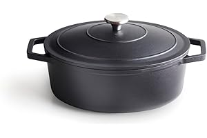 Qulinart by Brandt - Cocotte en Fonte d'Acier Forme Ovale 30 cm - Répartition Lente et Uniforme de la Chaleur - Cuisson Optimale - Couvercle à Condensation - Noir Mat