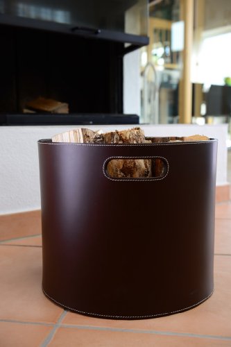 Holzkorb, Korb für Kaminholz, Echt-Leder, braun - 4