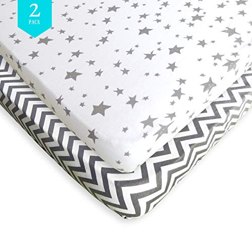 Pack N Play Fitted Sheet Set - 2 Pack - 100% Soft Jersey Cotton Pack N Play Sheets for Mini and Portable Crib - Stylish Gray Chevron/Stars Print - Perfect Playard Sheets for Baby Girl or Baby Boy