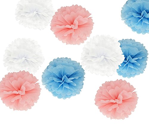 Veewon 9 x hängen Tissue Papier Pom Poms Blume für Hochzeit Party, Geburtstag und Baby Dusche Dekoration, in 10 Zoll (Blau+Rosa+Weiß)