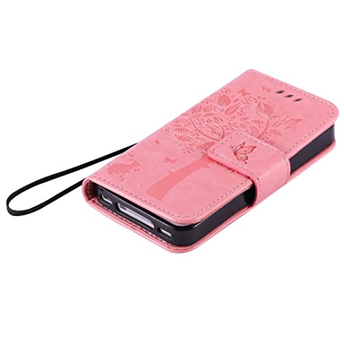 iPhone 4/4S Hülle Rosa im Retro Wallet Design,Cozy Hut iPhone 4/4S Hülle Leadertasche Premium Lederhülle Flip Case im Bookstyle Folio Cover Kartenfächer Magnetverschluss und Standfunktion Leder Schale Etui für iPhone 4/4S (3,5 Zoll) Handytasche Schutzhülle Katzen und Bäume Muster – rosa - 4