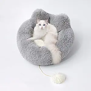 Uozzi Bedding Plush Faux Fur Round Pet Cat Bed with Cute Ears and Tail, Comfortable Fuzzy Donut Cuddler Cushion for Cute Cats, Soft Shaggy and Warm