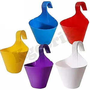 Kgeorix Set of 5, Plastic Hanging Planter Flower Pot Balcony Railing Vertical Gardening Pot (Multicolor)
