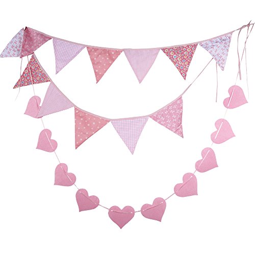 BUONDAC 2pcs Guirnaldas Banderines Banderitas Corazones Tela Decoración Fiesta Cumpleaños Boda Bautizo Jardín Hogar Banderas Triangulares Color Rosa
