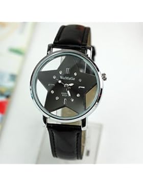 Frauen die hohle transparente Doppelglas-Sterne rote Lederband Uhr beobachten