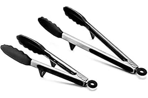 N/A Lot de 2 pinces de cuisine en silicone haute résistance à la chaleur 22,9 et 30,5 cm pour barbecue, salade, cuisine en acier inoxydable avec embouts en silicone anti-adhésif (noir)