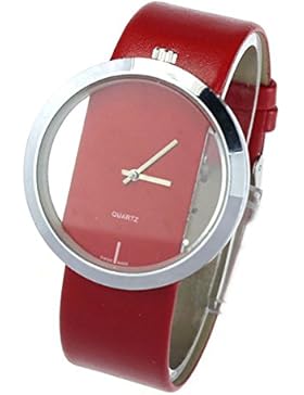 FEITONG Damen Einzigartig Uhr PU Leder Transparenter Vorwahlknopf Hohl Analoge Quarz Armbanduhr Rot