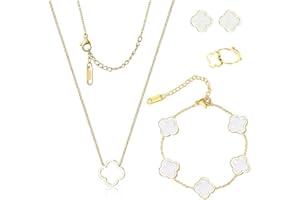 SDZDS Ensemble de Bijoux Trèfle à Quatre Feuilles pour Femme Fille，18K or rose bracelet porte bonheur,bijoux acier inoxydable femme (Blanc)，Trèfle à quatre feuilles collier boucles d'oreilles bracelet bague