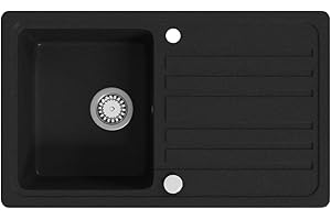 vidaXL Granite Overmount Kitchen Sink - Single Basin, Drainer Reversible, Black- Scratch, Heat up to 280 °C, Easy to Clean
