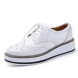  Mujer Plataforma Casual Brogue Cuero Zapatillas de Cuña Deporte Running Zapatos con Cordones Classic Sneakers Negro Blanco Beige Rojo Vino 35-42 Blanco 38