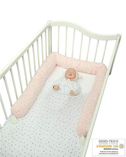 Preisvergleich Produktbild MoMika Nestchenschlange Bettschlange Schlange Bettrolle 200cm für Gitterbett, Wiege oder Stubenwagen. von Baumwolle Windel mit süßen Quasten (Pink)