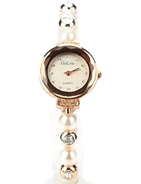 XY Fancy Damen elegante Wasserdichte analog Quarz Armbanduhr Perle Armband, Gold-Weiß