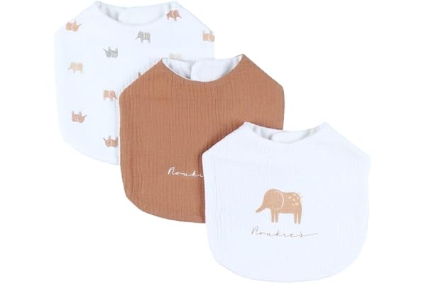 Noukie's - Lot de 3 Bavoirs Bébé Eléphants – Fermeture Scratch Douce – 100% Coton Marron - Bavoirs Repas Bébé – Protection Vêtements – Dès 1 à 12 Mois
