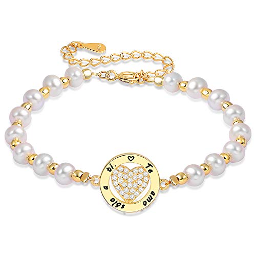 LOVORDS Pulsera Mujer Grabado Plata de Ley 925 Corazón Círculo Perlas Cultivadas Blancas de Agua Dulce Regalo Novia o Esposa