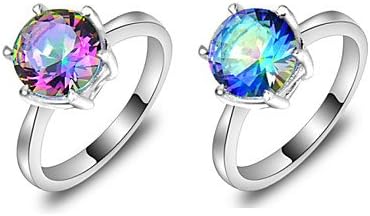 DuZiShi-jz Classic Fire Round Rainbow Mystic Topaz Gem 925 Silver Statement Rings For Wedding Party Daily 1pc , 10