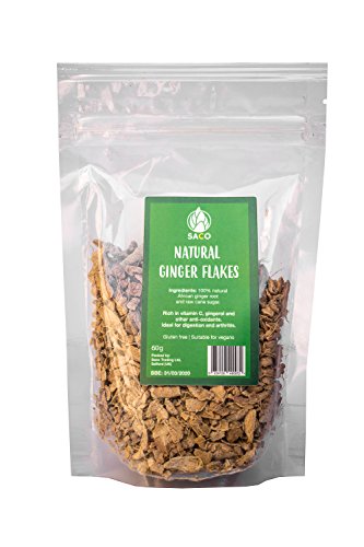 SACO Superfoods Natural Ginger Flakes, a Rich and Natural Source of Vitamin C and Anti-oxidants, sustainably and Ethically sourced, Dried Naturally, Gluten-Free and Vegan (60g Pack - 12 Servings)