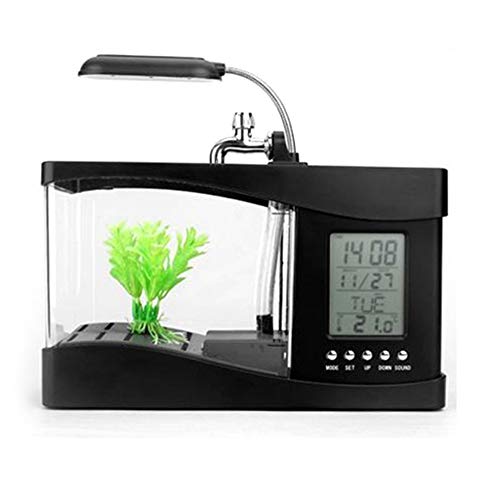 WSDF - Mini Tanque de Peces LED, luz de Escritorio multifunción para Acuario con Calendario, Reloj Despertador y Soporte para bolígrafo, decoración para el hogar o la Oficina, Negro, Tamaño Libre